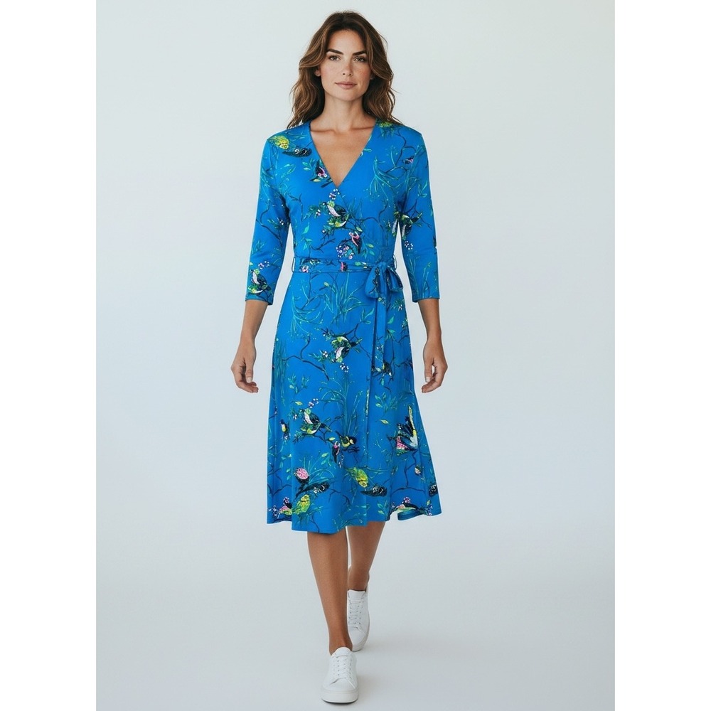 LEOTA Bird Floral Faux Wrap Dress Sz M Blue Office Whimsy Garden Boho Botanical